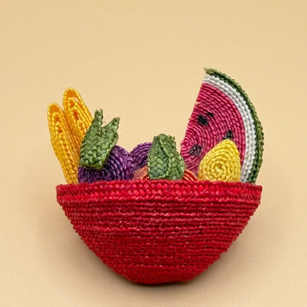 Woven Fruit Basket Brooch Watermelon Vintage Whimsical Boho Statement Pin Gift